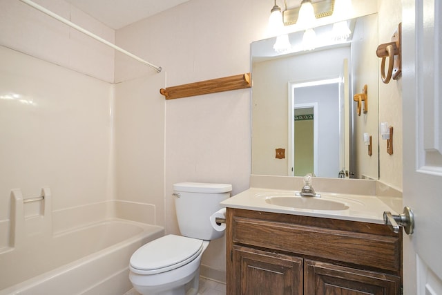 full bath featuring toilet, vanity, and shower / washtub combination