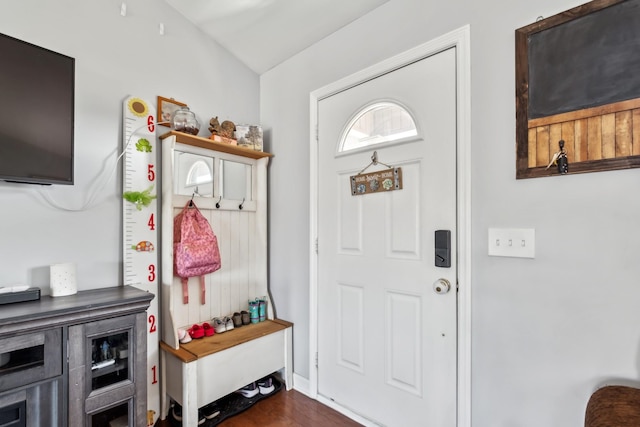 mudroom with dark wood finished floors