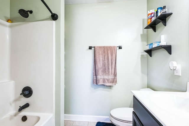 bathroom with tile patterned flooring, vanity, shower / bathtub combination, toilet, and baseboards