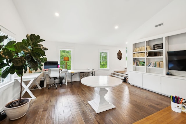home office featuring recessed lighting, visible vents, dark wood finished floors, and lofted ceiling