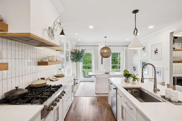 kitchen featuring appliances with stainless steel finishes, a sink, premium range hood, white cabinets, and light countertops