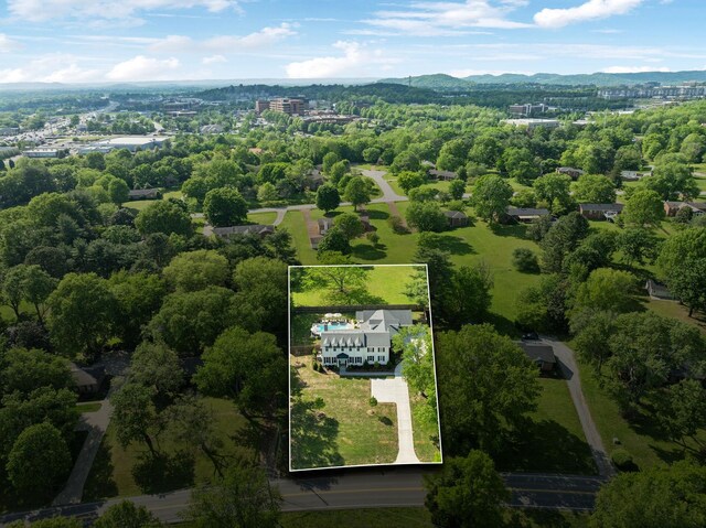 birds eye view of property featuring a mountain view