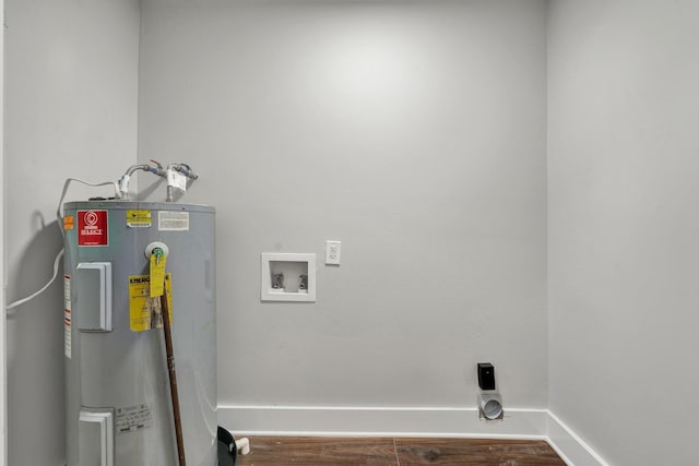 washroom with laundry area, dark wood-style flooring, hookup for a washing machine, electric water heater, and electric dryer hookup