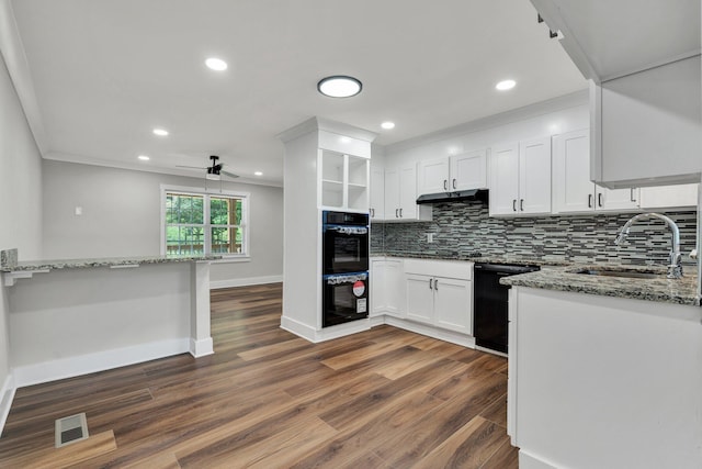 kitchen featuring a ceiling fan, dark wood-style flooring, open shelves, white cabinets, and black appliances