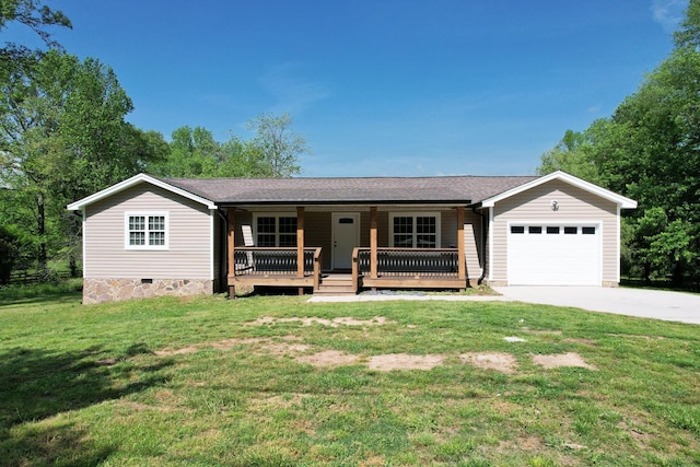 ranch-style home featuring a garage, a front yard, a shingled roof, concrete driveway, and a porch