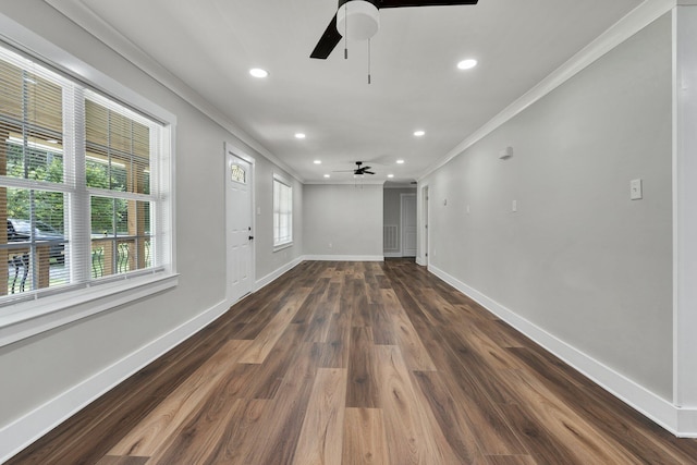 spare room featuring a ceiling fan, baseboards, recessed lighting, and ornamental molding