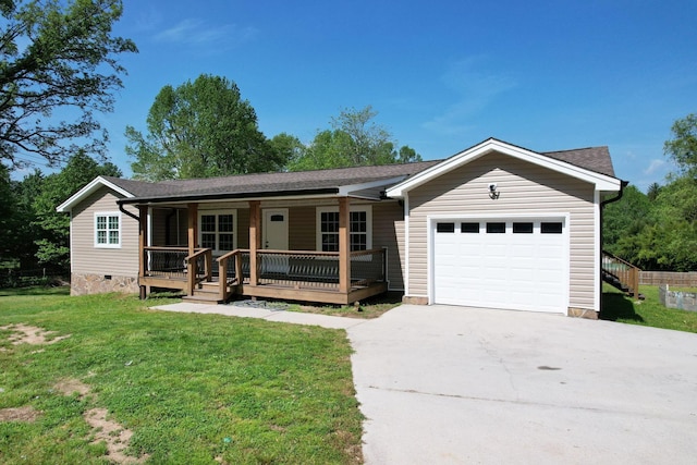 ranch-style home with a garage, covered porch, a front yard, roof with shingles, and concrete driveway