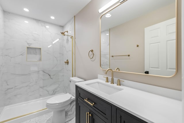 1025 Goshentown Rd, Hendersonville, TN 37075 - bathroom featuring toilet, a marble finish shower, vanity, and recessed lighting