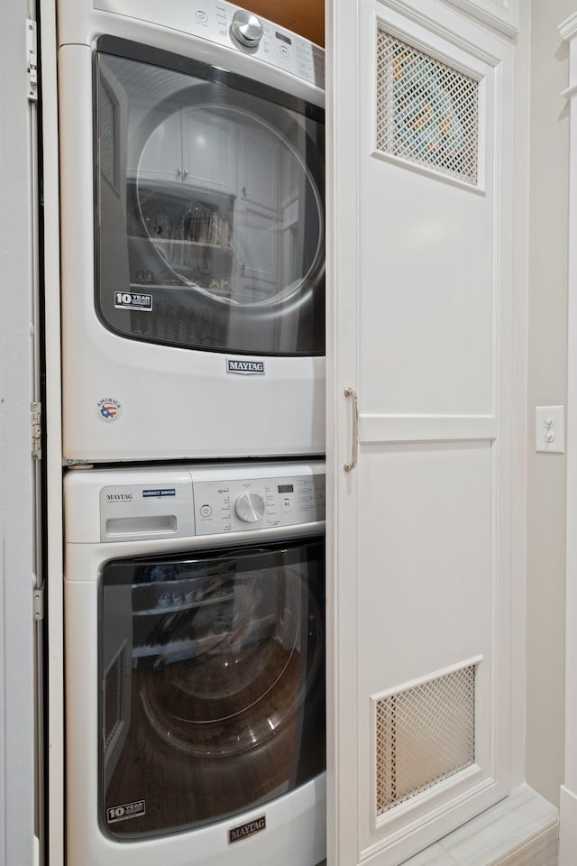 2004 Natchez Trce, Nashville, TN 37212 - washroom featuring stacked washer and dryer and visible vents