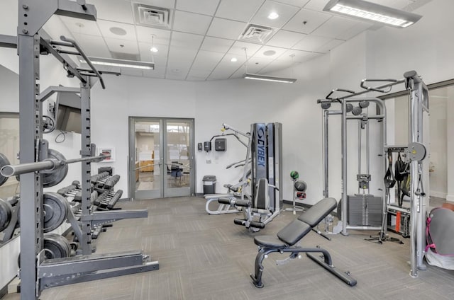 1510 Demonbreun St Unit 807, Nashville, TN 37203 - gym with carpet floors, french doors, a paneled ceiling, and visible vents
