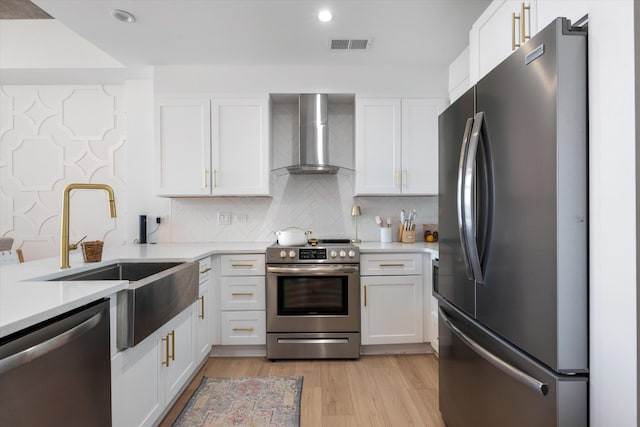 1510 Demonbreun St Unit 807, Nashville, TN 37203 - kitchen with visible vents, light countertops, wall chimney exhaust hood, a sink, and stainless steel appliances