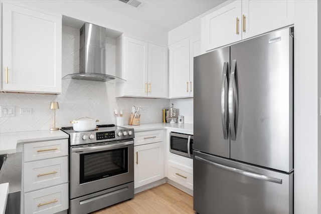 1510 Demonbreun St Unit 807, Nashville, TN 37203 - kitchen with wall chimney range hood, backsplash, light countertops, white cabinets, and stainless steel appliances