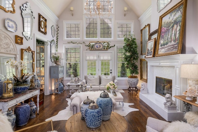 interior space featuring a glass covered fireplace, high vaulted ceiling, wood finished floors, and a healthy amount of sunlight