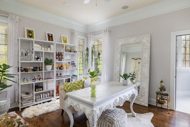 dining room with baseboards, ceiling fan, ornamental molding, and wood finished floors