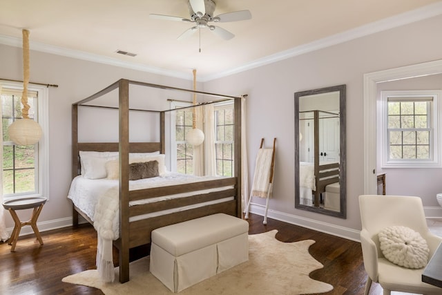 bedroom featuring ornamental molding, dark wood-type flooring, and visible vents