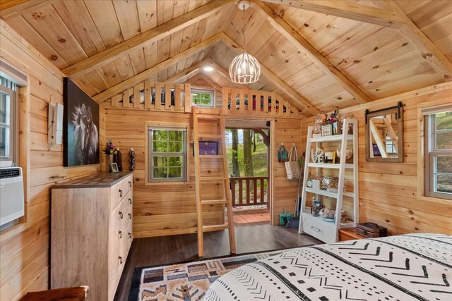 6498 Arno College Grove Rd, College Grove, TN 37046 - bedroom featuring vaulted ceiling with beams, wood walls, hardwood / wood-style floors, and wooden ceiling