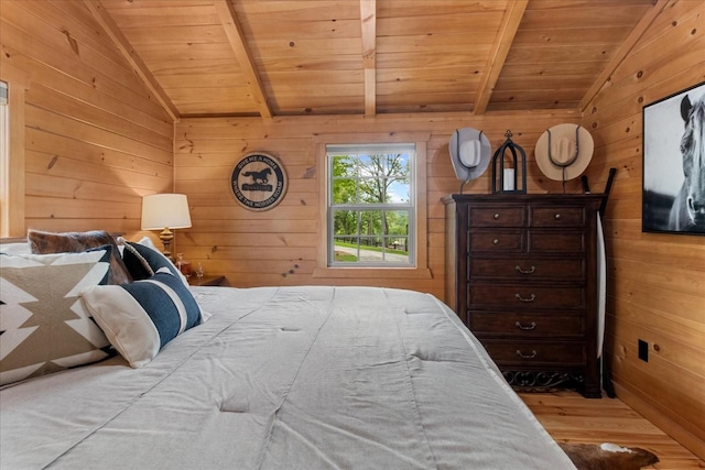 6498 Arno College Grove Rd, College Grove, TN 37046 - bedroom featuring vaulted ceiling with beams, wood walls, wood ceiling, and wood finished floors