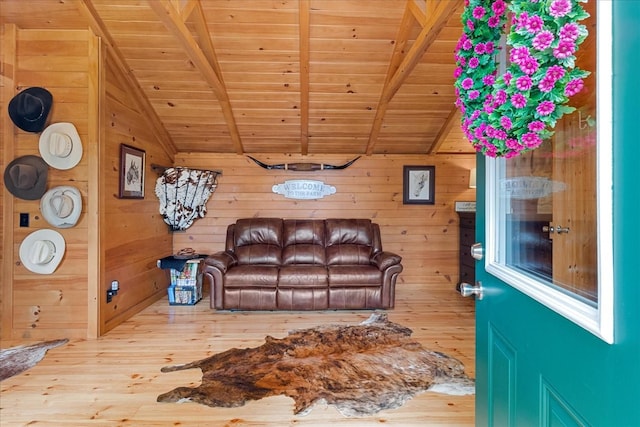 6498 Arno College Grove Rd, College Grove, TN 37046 - living room featuring wood walls, lofted ceiling with beams, wooden ceiling, and hardwood / wood-style floors