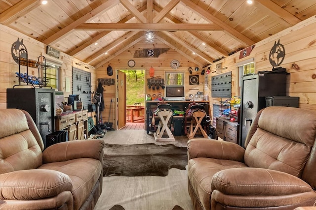6498 Arno College Grove Rd, College Grove, TN 37046 - living area featuring wooden walls, wooden ceiling, and vaulted ceiling with beams