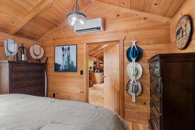 6498 Arno College Grove Rd, College Grove, TN 37046 - bedroom with wood finished floors, lofted ceiling with beams, wood ceiling, and a wall mounted AC