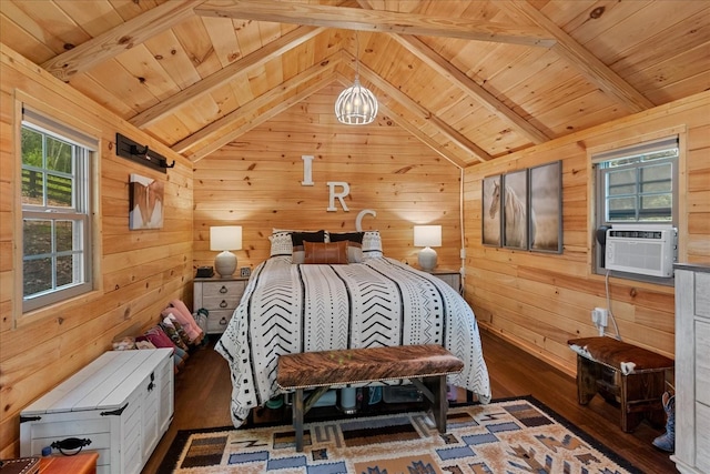 6498 Arno College Grove Rd, College Grove, TN 37046 - bedroom featuring wooden walls, cooling unit, vaulted ceiling with beams, wood ceiling, and hardwood / wood-style flooring