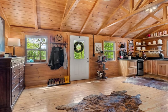 6498 Arno College Grove Rd, College Grove, TN 37046 - interior space featuring open shelves, lofted ceiling with beams, light wood finished floors, wooden ceiling, and a healthy amount of sunlight