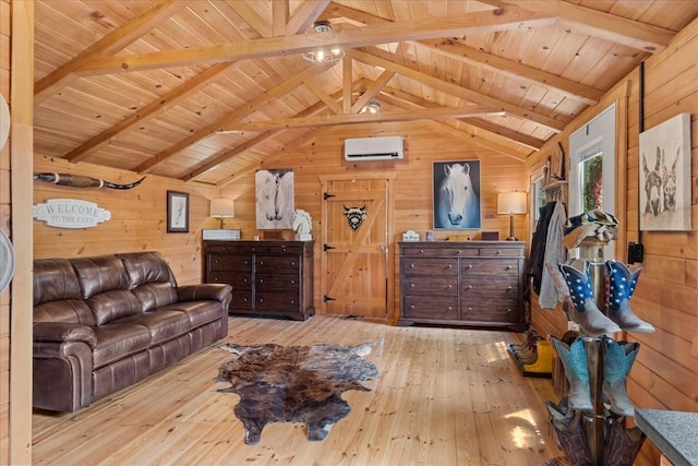 6498 Arno College Grove Rd, College Grove, TN 37046 - living area featuring wood walls, lofted ceiling with beams, and hardwood / wood-style flooring