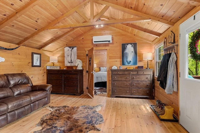 6498 Arno College Grove Rd, College Grove, TN 37046 - bedroom with an AC wall unit, wood walls, light wood-style flooring, and lofted ceiling with beams
