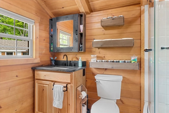 6498 Arno College Grove Rd, College Grove, TN 37046 - bathroom with wooden walls, wooden ceiling, plenty of natural light, and toilet