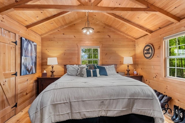 6498 Arno College Grove Rd, College Grove, TN 37046 - bedroom featuring vaulted ceiling with beams, wood ceiling, wood finished floors, and wooden walls