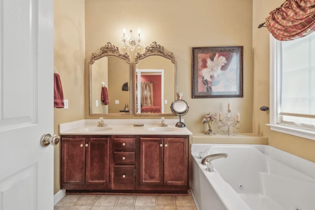 full bath featuring a whirlpool tub, a sink, and double vanity