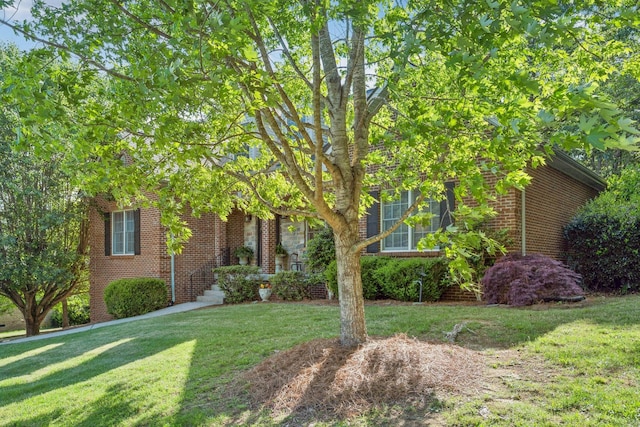 view of property hidden behind natural elements with brick siding and a front lawn