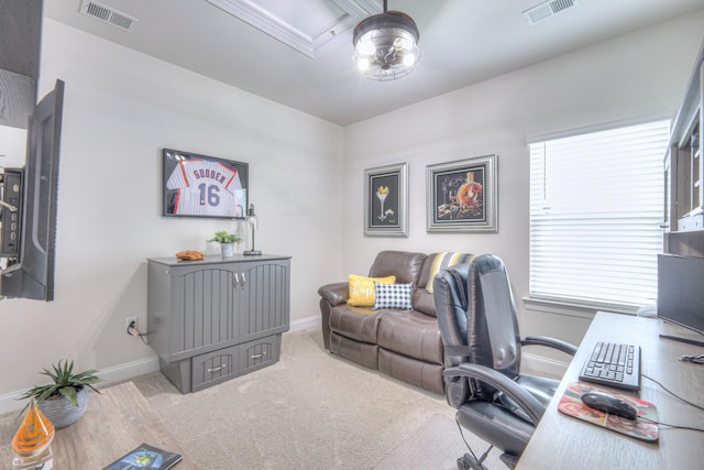 office featuring baseboards, visible vents, and carpet
