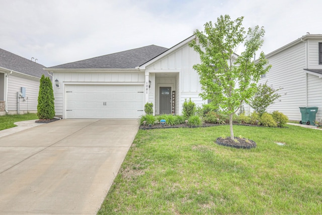 view of front of home with a shingled roof, a front lawn, a garage, board and batten siding, and driveway