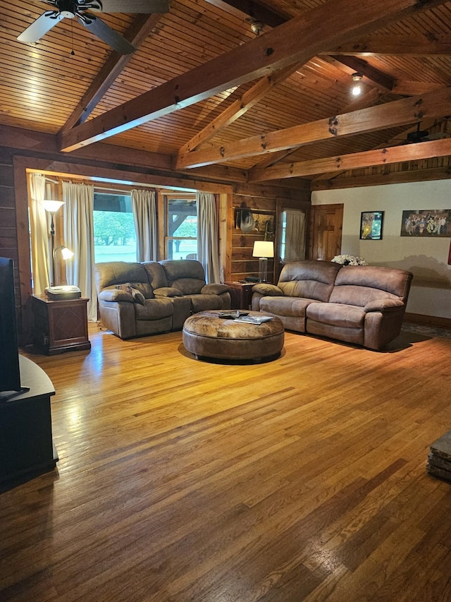 living room with wood ceiling, wood finished floors, lofted ceiling with beams, and ceiling fan