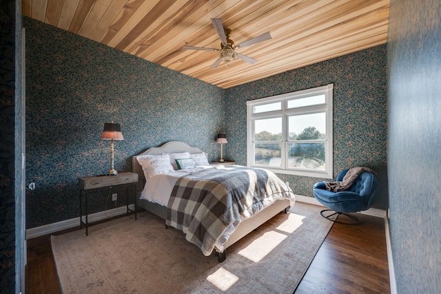 bedroom with wood finished floors, baseboards, wallpapered walls, wood ceiling, and a ceiling fan