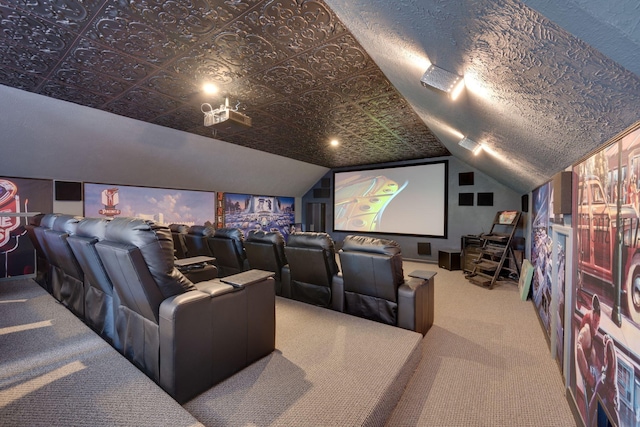 carpeted home theater featuring vaulted ceiling