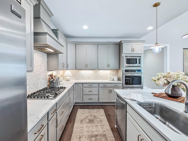 2025 Hornsby Dr, Franklin, TN 37064 - kitchen with a sink, premium range hood, gray cabinetry, and stainless steel appliances