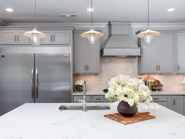2025 Hornsby Dr, Franklin, TN 37064 - kitchen featuring custom exhaust hood, recessed lighting, gray cabinets, a sink, and stainless steel built in refrigerator