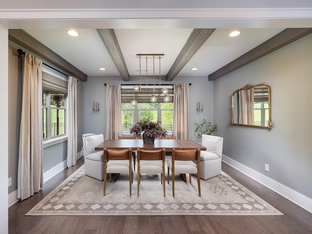 2025 Hornsby Dr, Franklin, TN 37064 - dining space with baseboards, wood finished floors, a healthy amount of sunlight, and beamed ceiling