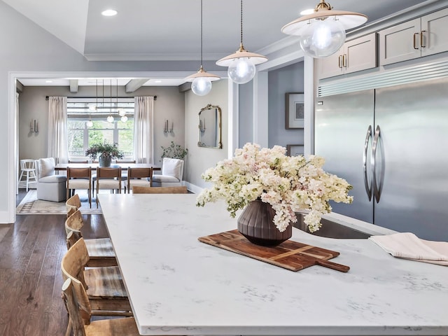 2025 Hornsby Dr, Franklin, TN 37064 - kitchen with gray cabinets, dark wood-style flooring, decorative light fixtures, built in fridge, and baseboards
