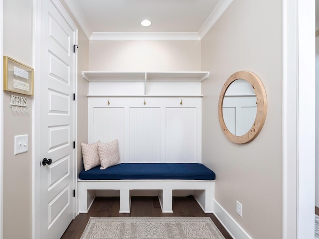 2025 Hornsby Dr, Franklin, TN 37064 - mudroom with baseboards, ornamental molding, and dark wood-style flooring