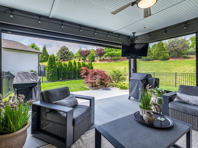 2025 Hornsby Dr, Franklin, TN 37064 - view of patio featuring an outdoor hangout area, a ceiling fan, grilling area, and a fenced backyard