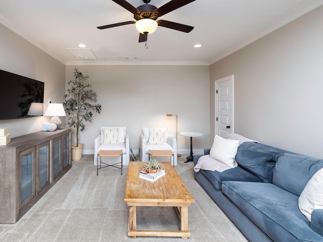 2025 Hornsby Dr, Franklin, TN 37064 - living area with recessed lighting, ornamental molding, a ceiling fan, and light carpet