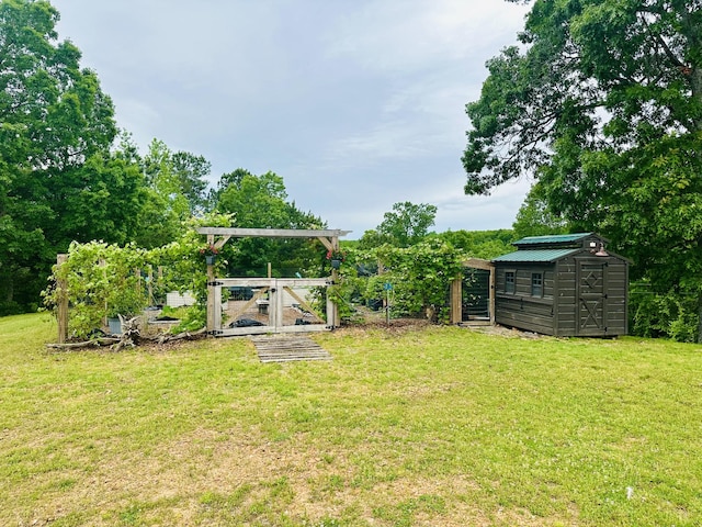 view of yard featuring a vegetable garden, an outbuilding, and a storage unit