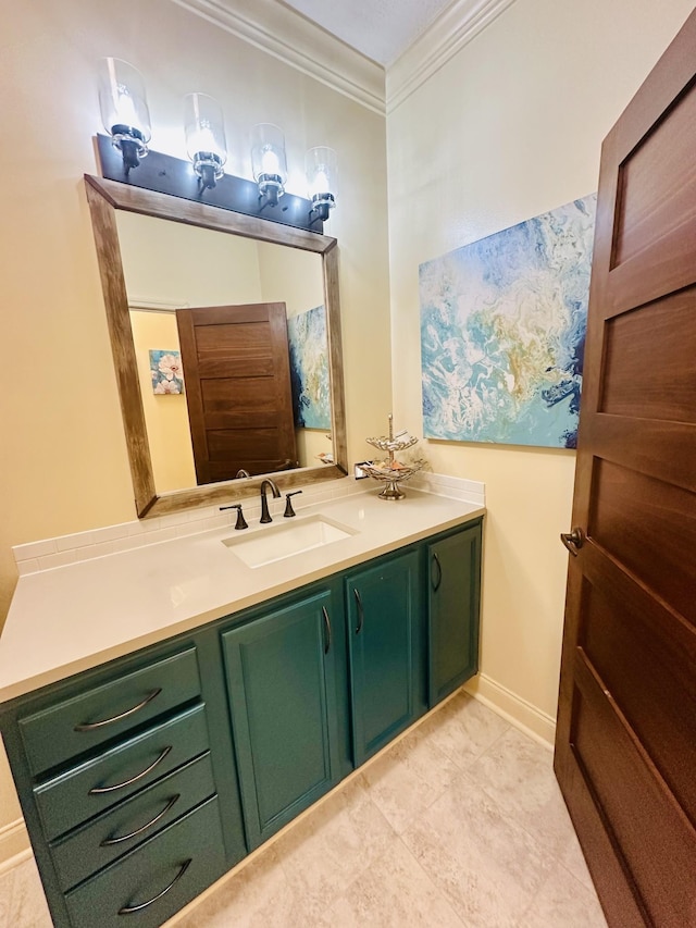bathroom featuring vanity, ornamental molding, and tile patterned floors