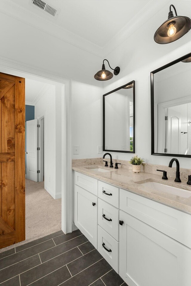 bathroom with a sink, crown molding, double vanity, and visible vents
