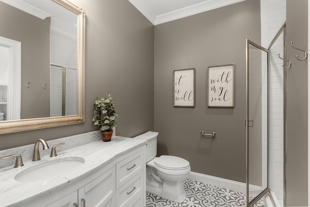 bathroom with vanity, toilet, tile patterned floors, a shower stall, and ornamental molding