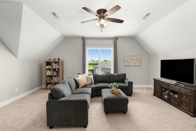 living area featuring ceiling fan, light carpet, and visible vents