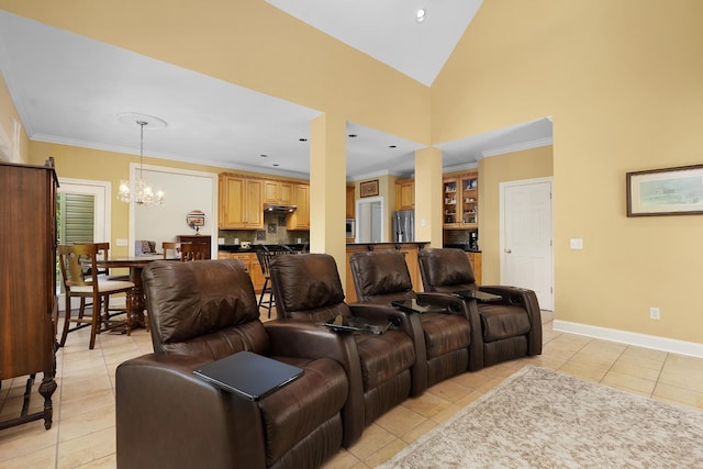 7237 River Run Dr, Chattanooga, TN 37416 - cinema featuring crown molding, lofted ceiling, baseboards, a chandelier, and light tile patterned floors